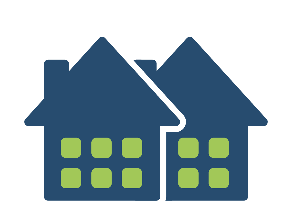 Two blue houses icon with green windows
