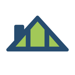 Attics Stylized blue and green house-shaped logo with a chimney
