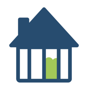 Open Walls Blue house icon with green window bars