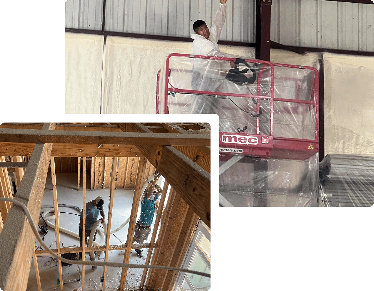 Worker applying spray foam insulation from a lift; two workers on a construction site floor installing insulation