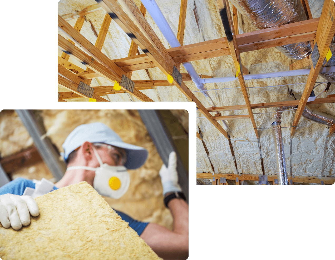 Worker installing insulation in wooden ceiling framework, wearing dust mask and gloves