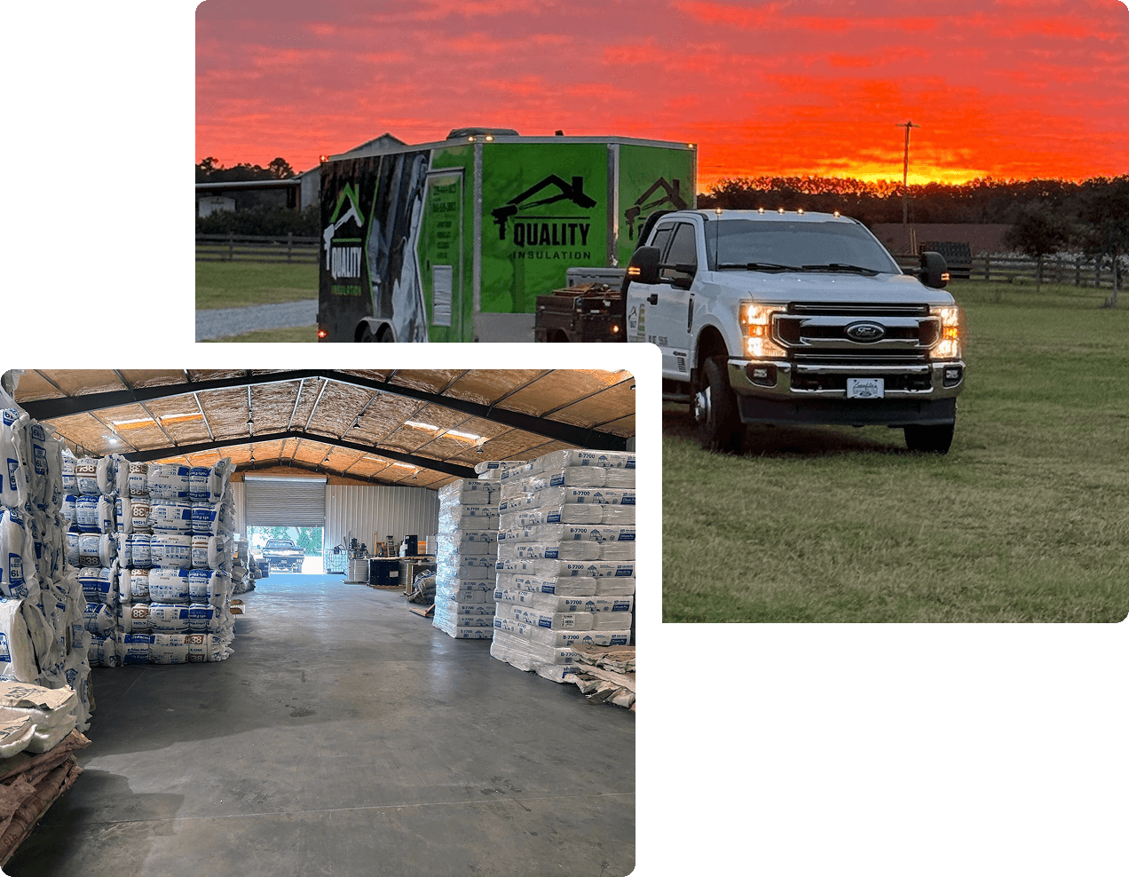 Truck and trailer labeled "Quality Insulation" at sunset, empty warehouse with insulation stacks inside